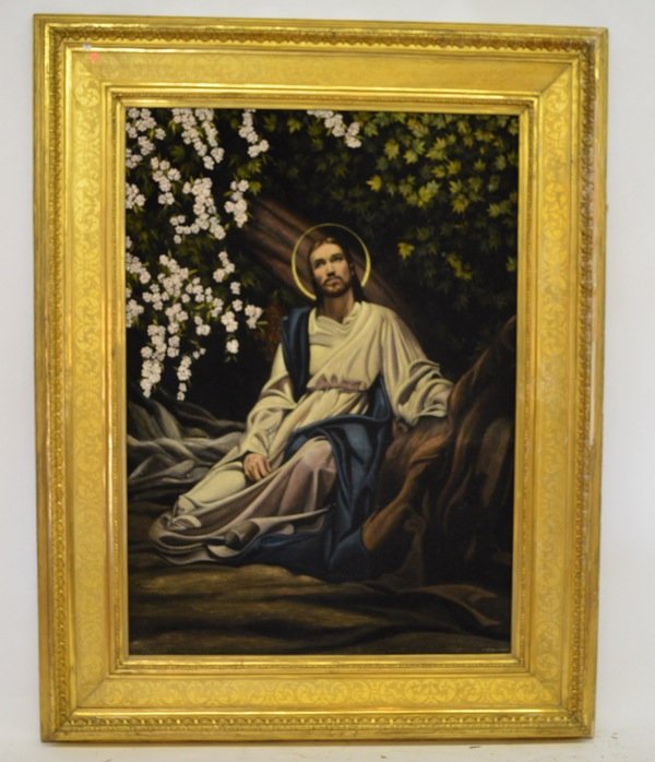 LARGE BLACK VELVET JESUS PAINTING SIGNED BERNARD M. THO: LARGE BLACK VELVET JESUS PAINTING SIGNED BERNARD M. THOMPSON. DATED 4/20/1946. IN EXCEPTIONAL GILT WOOD FRAME WITH MINOR LOSS. 69" X 53".