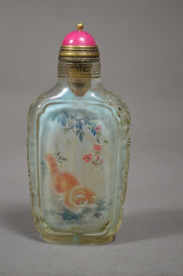 Carved Inside-painting Crystal Glass Snuff Bottle: Crystal Snuff Bottle, decorated with cat and fish design, singed Ye Zhongsan.