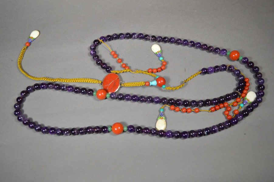 Chinese Amethyst Beads: Total 108 Amethysy beads, later Qing dynasty, with blood stone beads, green jade beads, mother of pearl pendant and turqusise beads.