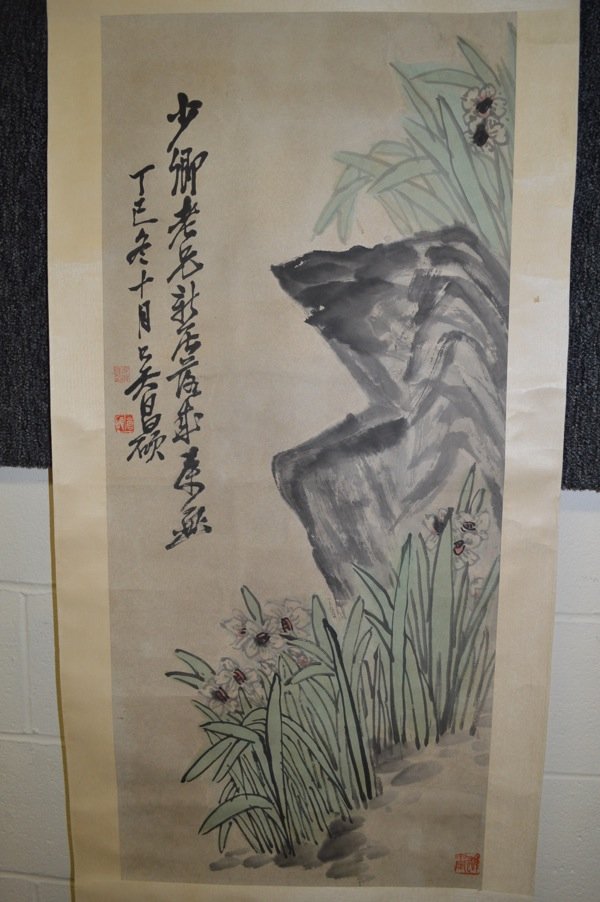 A Scroll Of Watercolor Painting: watercolor painting, decorated with landscape, and signed Li keran. 38" x 16 3/4"