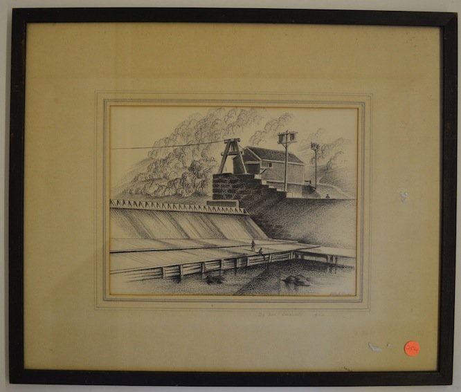 CHARCOAL DRAWING ''BIG DAM,'' SIGNED ''H.B. WILLIAMS'': CHARCOAL DRAWING, TITLE ''BIG DAM'' UNIONVILLE 1940. SIGNED ''H.B. WILLIAMS.'' 9 Â½'' X 12 Â½''