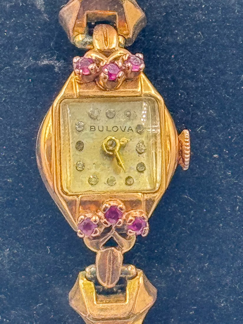 14K GOLD BULOVE LADIES WRIST WATCH WITH RUBIES, BAND GOLD PLATED (1 of 5)