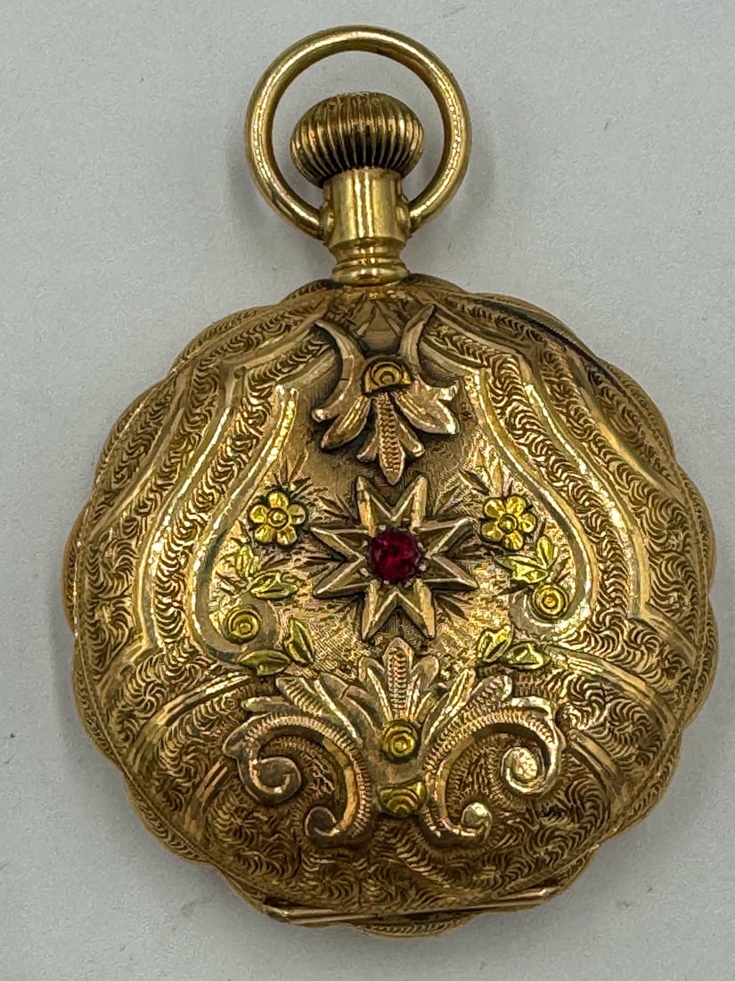 A 14K GOLD LADIES POCKET WATCH W/ RUBIES, 56 GRAMS TOTAL (1 of 6)