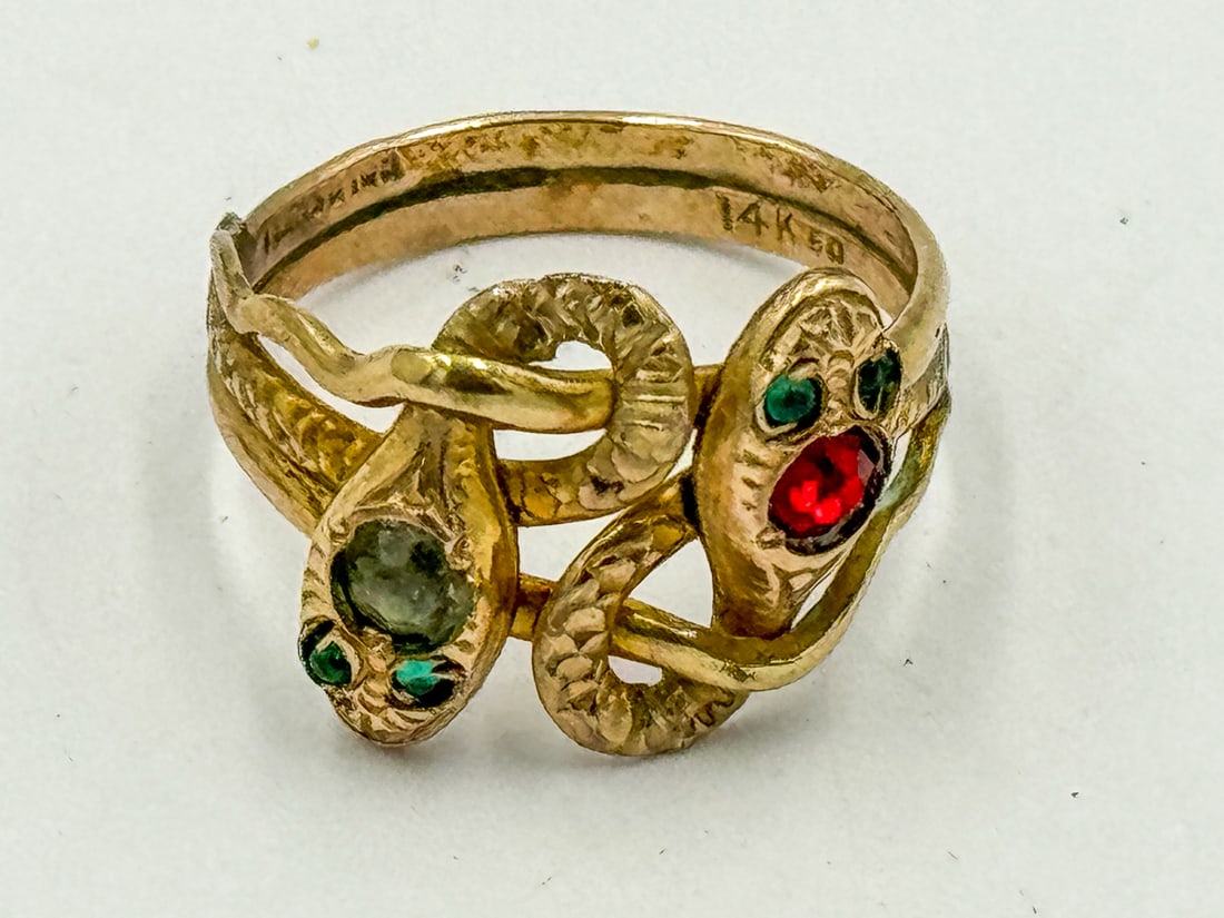 A 14K GOLD AND GEMSTONE SNAKE RING, 3.07 GRAMS (1 of 4)