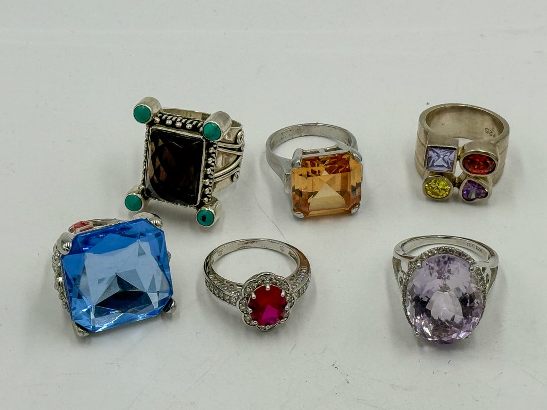 6 STERLING SILVER RINGS W/ GEMSTONES: 6 STERLING SILVER RINGS W/ GEMSTONES