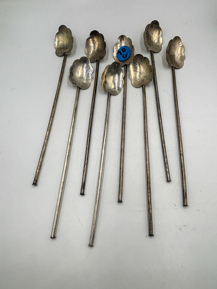 8 MEXICAN SILVER LEAF FORM ICED TEA SIPPERS, 42 GRAMS (1 of 2)