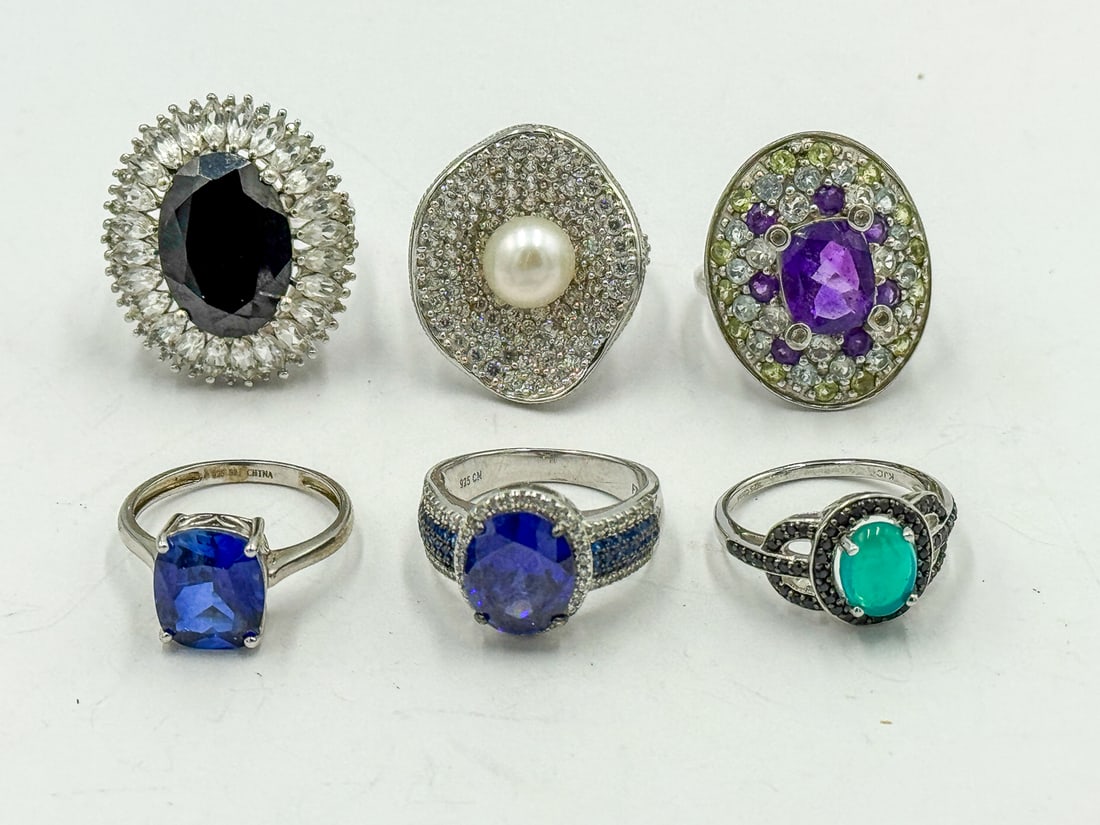 6 STERLING SILVER RINGS W/ GEMSTONES: 6 STERLING SILVER RINGS W/ GEMSTONES
