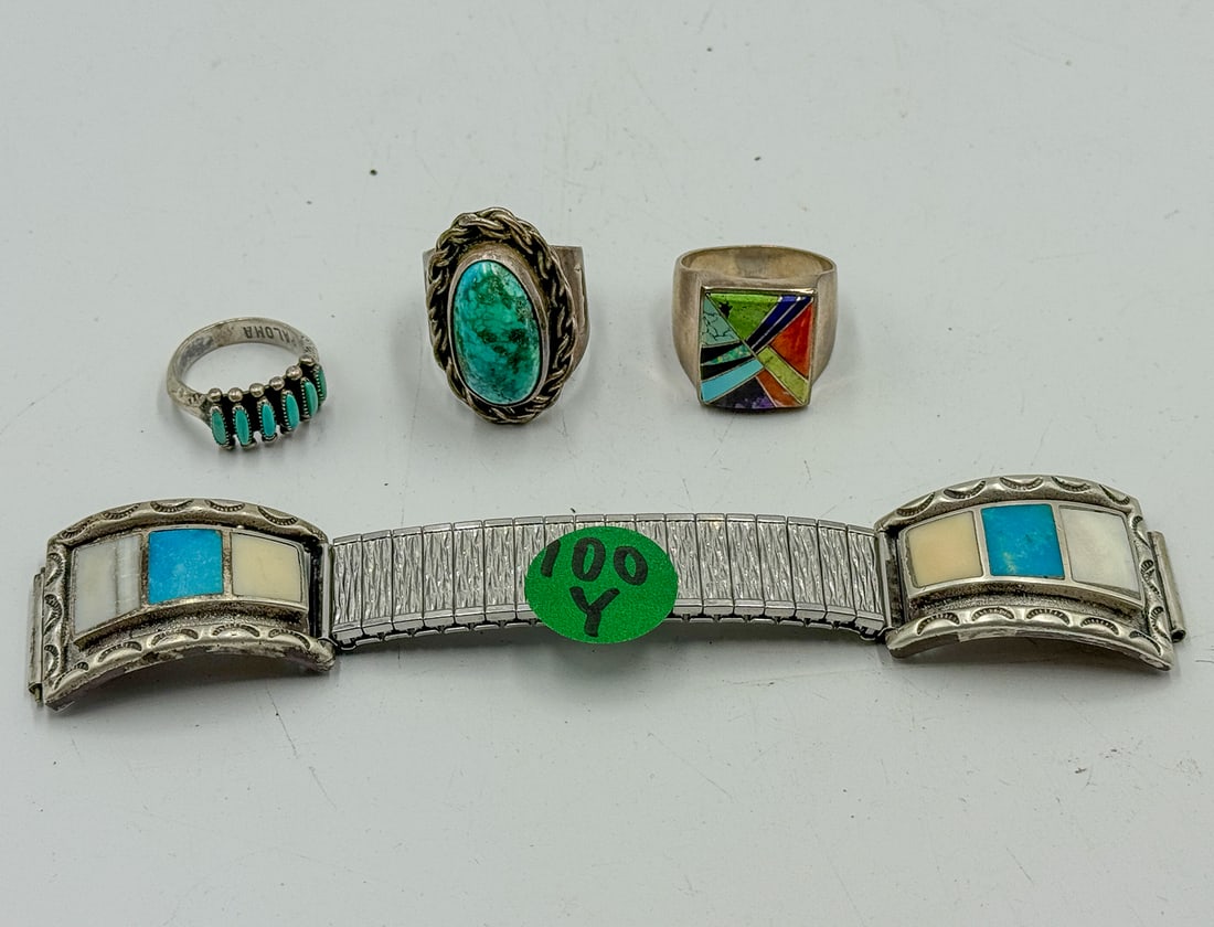 2 NATIVE AMERICAN SILVER RINGS AND A WATCH BAND: 2 NATIVE AMERICAN SILVER RINGS AND A WATCH BAND
