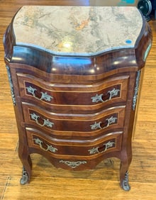 MARBLE TOP INLAID SIDE CABINET, 20" X 15" X 29"