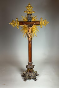 ANTIQUE SILVER AND GILTWOOD CRUCIFIX, 23.5" X 12" X 4"