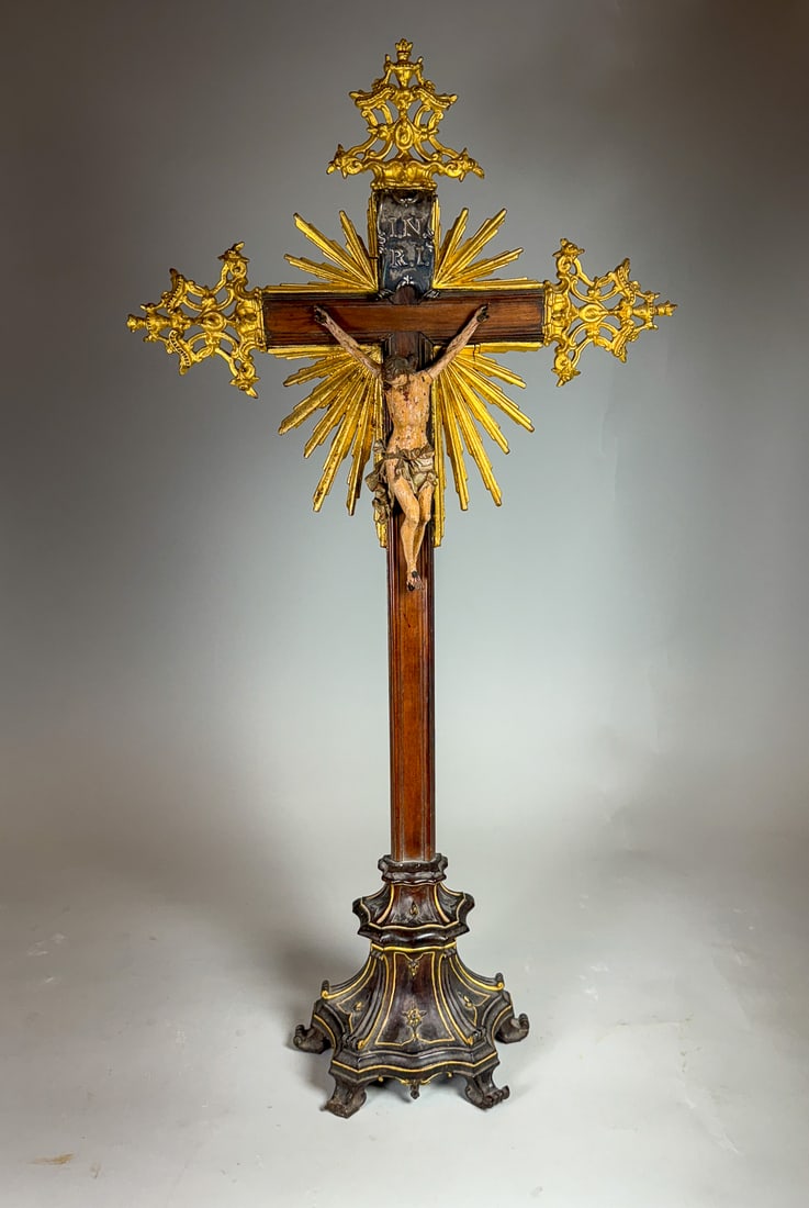 ANTIQUE SILVER AND GILTWOOD CRUCIFIX, 23.5" X 12" X 4": ANTIQUE SILVER AND GILTWOOD CRUCIFIX, 23.5" X 12" X 4"