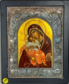 GREEK SILVER FRAMED ICON, 9.5" X 11.5"