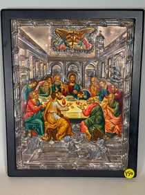 GREEK SILVER FRAMED ICON, 12" X 16"