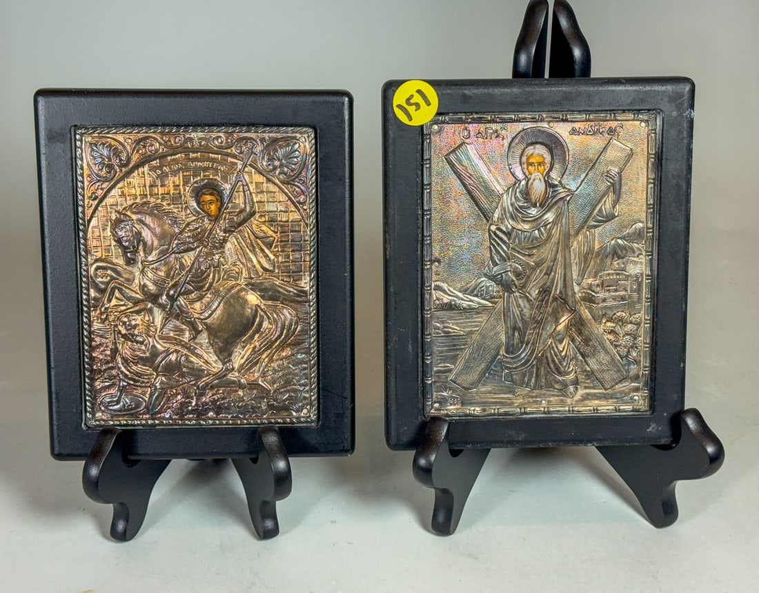 2 GREEK SILVER FRAMED ICONS, 5.25" X 6.25" AND 5" X 6": 2 GREEK SILVER FRAMED ICONS, 5.25" X 6.25" AND 5" X 6"