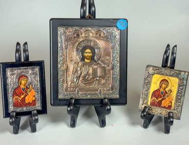 3 GREEK SILVER FRAMED ICONS, 5.5" X 6.5", 4" X 3", AND 3" X 3.5"