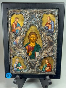 GREEK SILVER FRAMED ICON, 7.25" X 9.25"