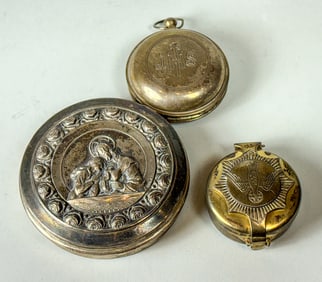 3 SILVER ROSARY BOXES, 3" AND SMALLER