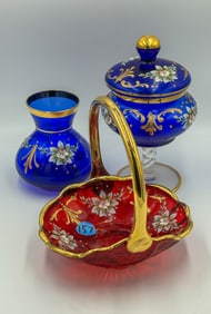 3 PIECES BOHEMIAN GLASS, 7" AND SMALLER