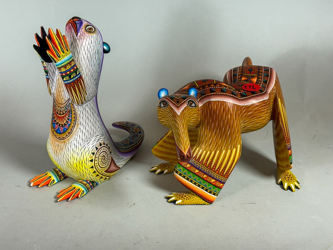 2 JULIA FUENTES CARVED AND PAINTED SCULPTURE, 12" X 5" AND 8" X 7" (1 of 5)