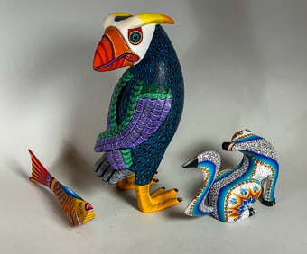 3 HAND CARVED MEXICAN SCULPTURES, 11" AND SMALLER