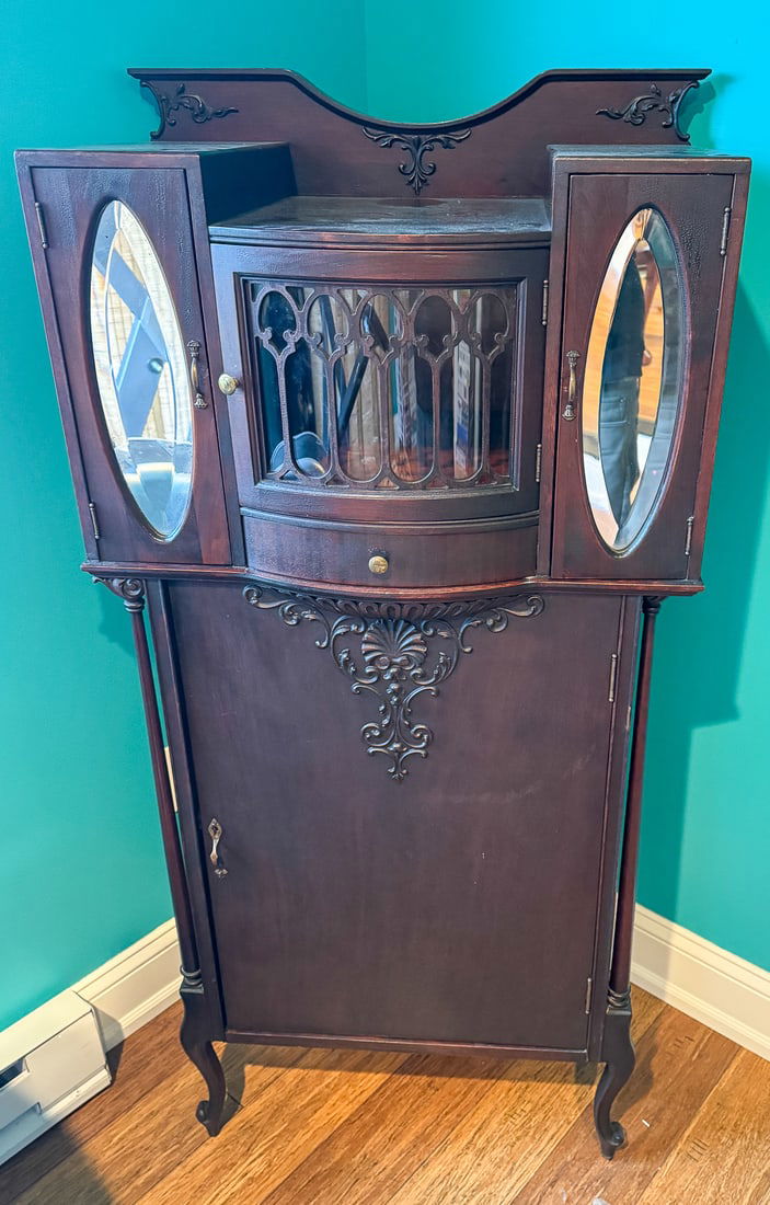 VICTORIAN ART NOVEAU MUSIC CABINET, 27" X 17" X 55": VICTORIAN ART NOVEAU MUSIC CABINET, 27" X 17" X 55"