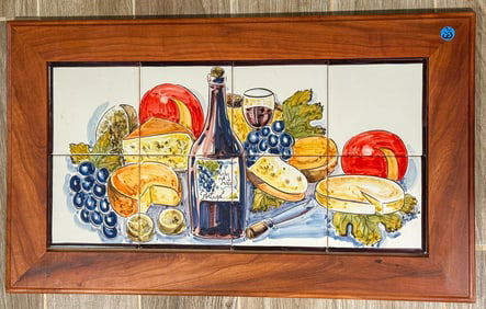 FRAMED TILE PLAQUE STILL LIFE W/ FRUIT, 28" X 17"