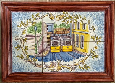 FRAMED TILE PLAQUE OF CABLE CARS, 19" X 14"