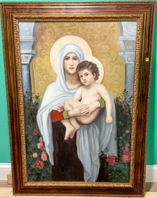 OIL PAINTING OF MADONNA W/ CHILD, 41" X 43"