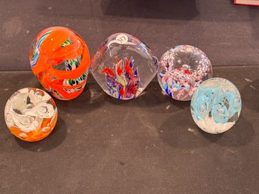 5 GLASS PAPERWEIGHTS, 5" X 4.5" AND SMALLER