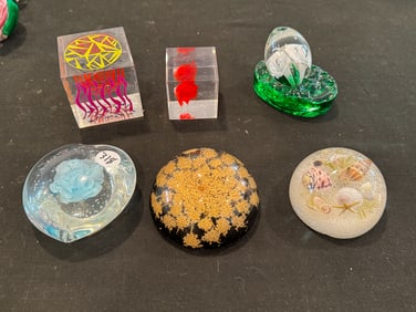 6 GLASS AND LUCITE PAPERWEIGHTS, 4" AND SMALLER