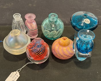 8 ART GLASS PERFUMES AND VASES, 5" AND SMALLER