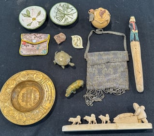 DECORATIVE ITEM GROUP INCLUDES BRASS ASHTRAY, 8" AND SMALLER