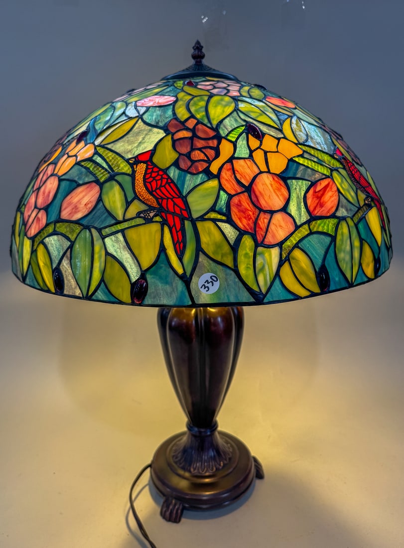 TIFFANY STYLE STAINED GLASS LAMP, 20" D X 27" T (1 of 4)