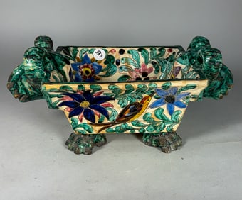ITALIAN MAJOLICA CENTERPIECE W/ RAMS HEADS, 13" X 5.5" X 6.5"