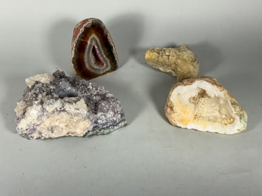 4 LARGE MINERAL SPECIMENS, CRYSTALS, GEODE. 8" X 6" AND SMALLER