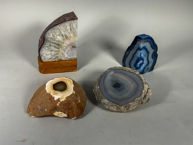 4 LARGE GEODES/MINERAL SPECIMENS. 8" X 5" AND SMALLER