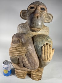 LARGE CARVED WOOD SEATED MONKEY, 24" X 12" X 12"