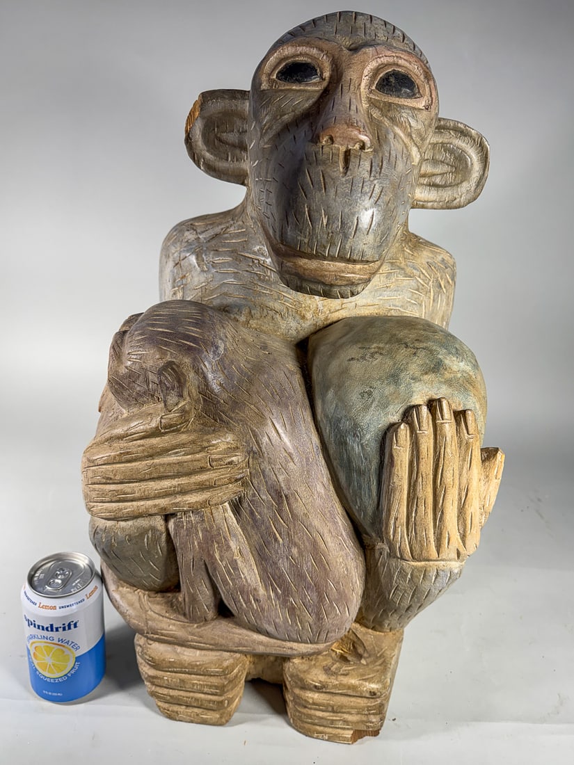 LARGE CARVED WOOD SEATED MONKEY, 24" X 12" X 12" (1 of 6)