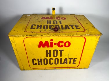 ANTIQUE MI-CO HOT CHOCOLATE STREET VENDING BOX/COOLER, 12" X 12" X 20"
