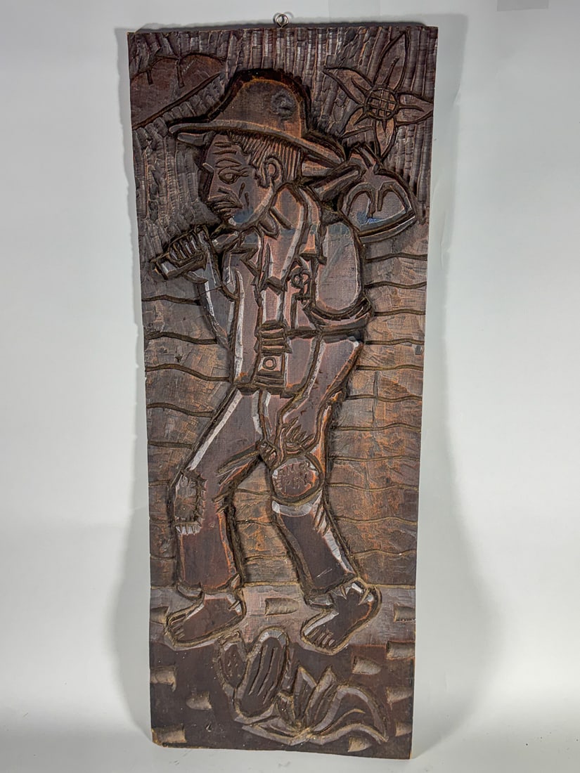 HARD WOOD CARVING ON OLD SIGN, 11.5" X 30": HARD WOOD CARVING ON OLD SIGN, 11.5" X 30"