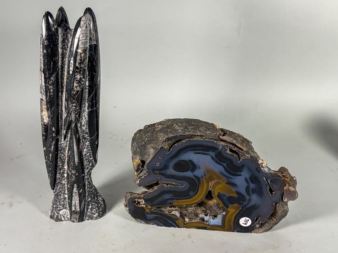 A LARGE GEODE AND A FOSSIL, 16" AND 12" X 10" X 8": A LARGE GEODE AND A FOSSIL, 16" AND 12" X 10" X 8"