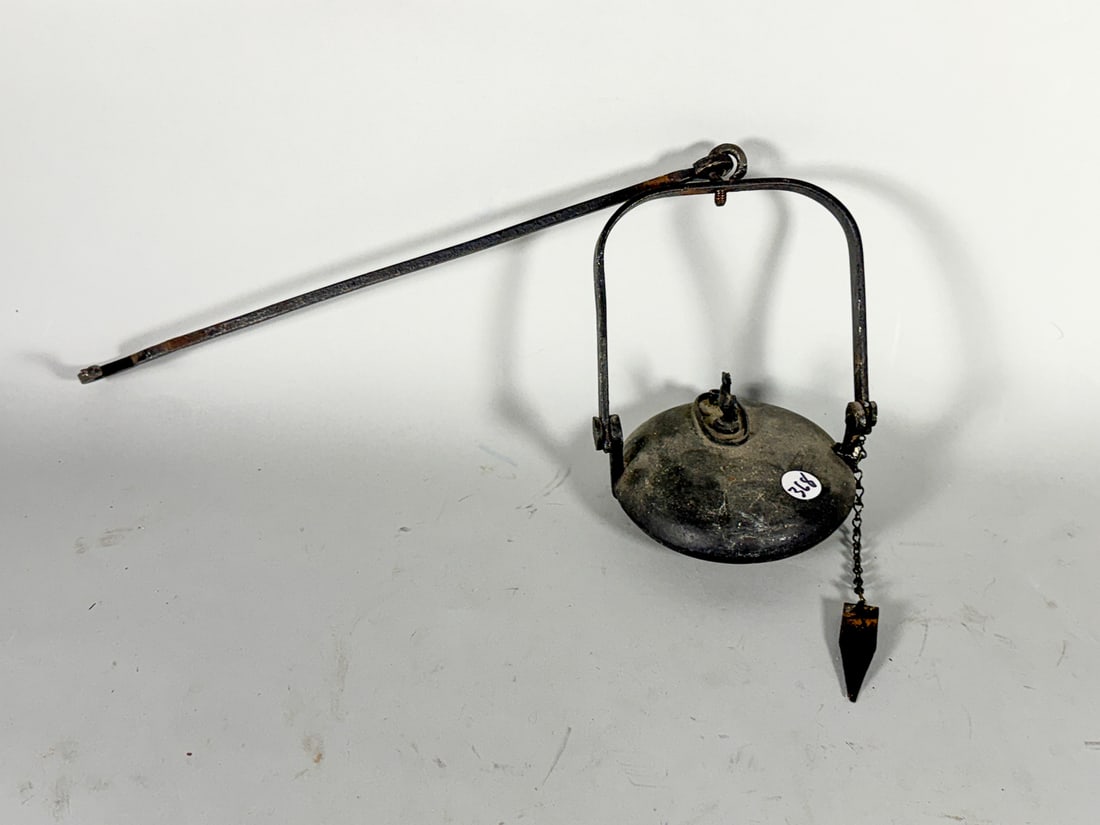 CAST IRON HANGING CHINESE OIL LAMP, 6" DIAMETER X 22" TALL: CAST IRON HANGING CHINESE OIL LAMP, 6" DIAMETER X 22" TALL