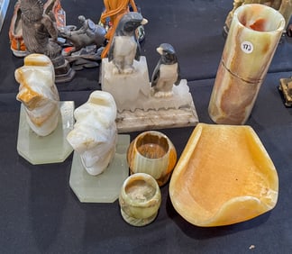 CARVED STONE PENGUIN SCULPTURE AND OTHER STONE CARVINGS, 9" X 6" X 4" AND SMALLER