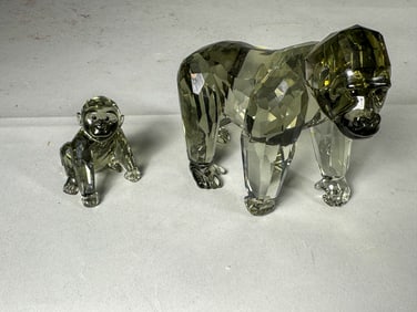 SWAROVSKI CRYSTAL GORILLA AND CUB, 5" X 3" X 4.5" AND 3"