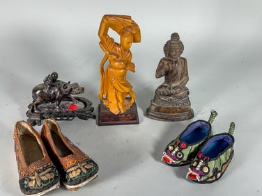 3 CHINESE CARVINGS AND 2 PAIRS ANTIQUE CHINESE SHOES, 8"