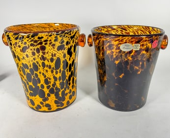 2 ITALIAN GLASS LEOPARD ICE BUCKETS, 9" DIAMETER X 10" TALL