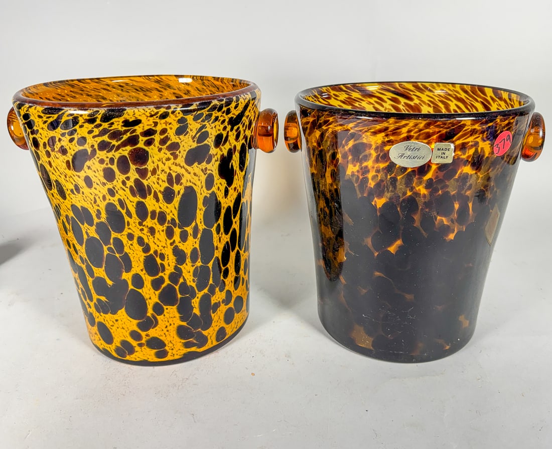 2 ITALIAN GLASS LEOPARD ICE BUCKETS, 9" DIAMETER X 10" TALL: 2 ITALIAN GLASS LEOPARD ICE BUCKETS, 9" DIAMETER X 10" TALL