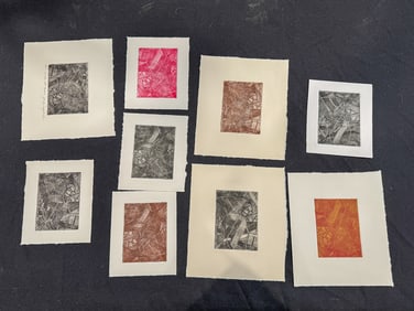7 SMALL ETCHINGS BY JILL SAYBOLT KLEIN, MOSTLY 7" X 7"