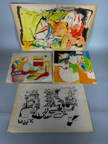 4 WILLIAM THAYER ABSTRACT INK AND WATERCOLOR, 14.5" X 22" AND SMALLER