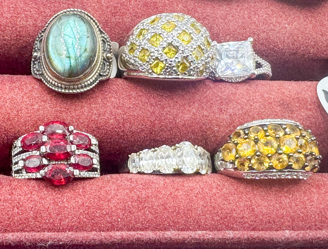 6 STERLING SILVER GEMSTONE RINGS: 6 STERLING SILVER GEMSTONE RINGS